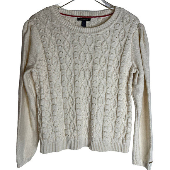 Tommy Hilfiger Girls Teen Youth Crew Neck Cable Knit Sweater Creme